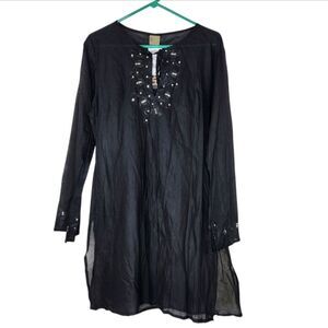 NWT INGEAR Black Long Sleeve Sequin Neck And Hem Swim Cover Up XL